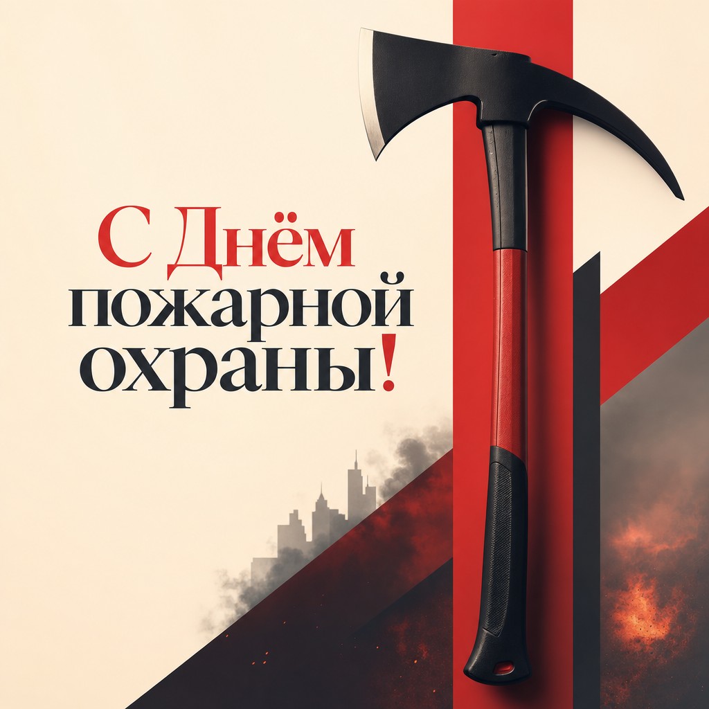 Современная типографичная открытка ко Дню пожарной охраны с силуэтом пожарного топора.