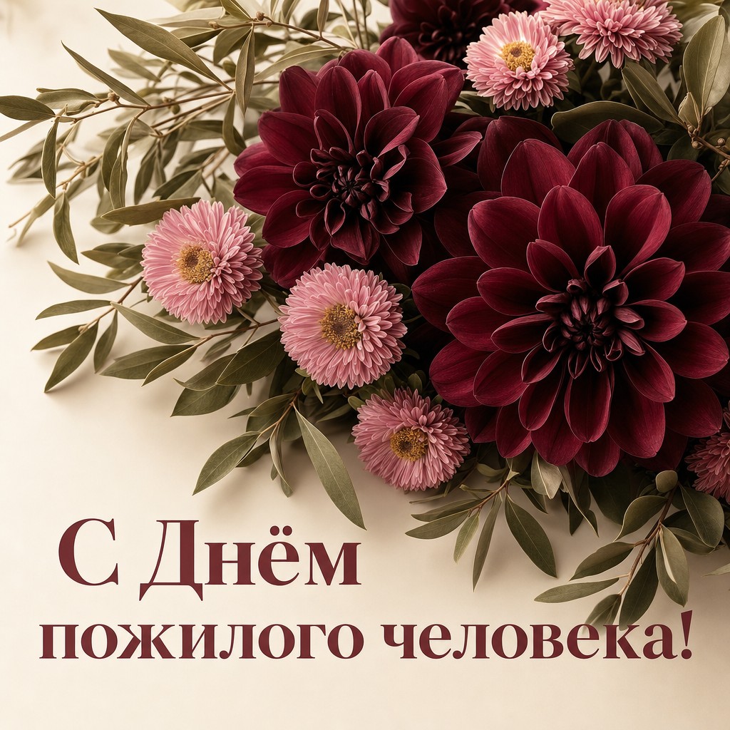 Элегантная цветочная открытка ко Дню пожилого человека с георгинами и астрами.