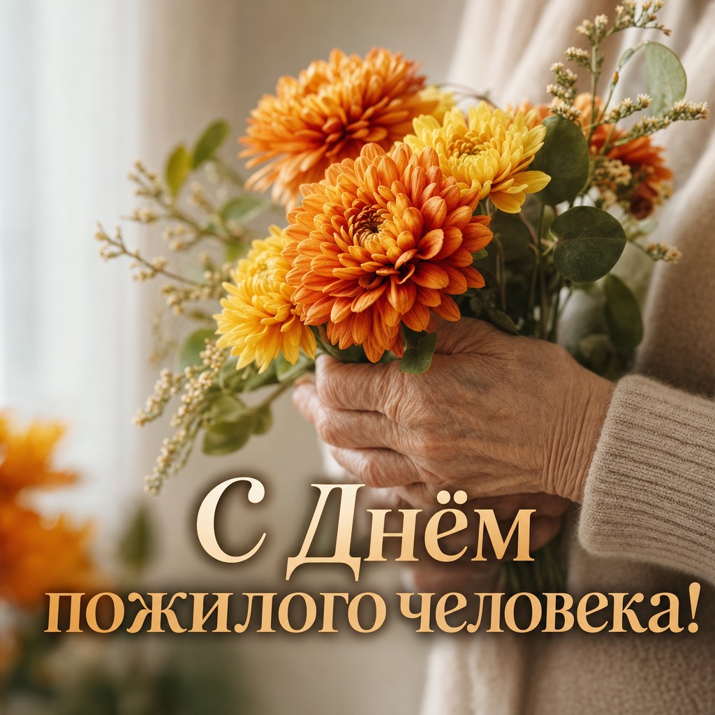 Тёплая открытка ко Дню пожилого человека с букетом хризантем в заботливых ладонях.