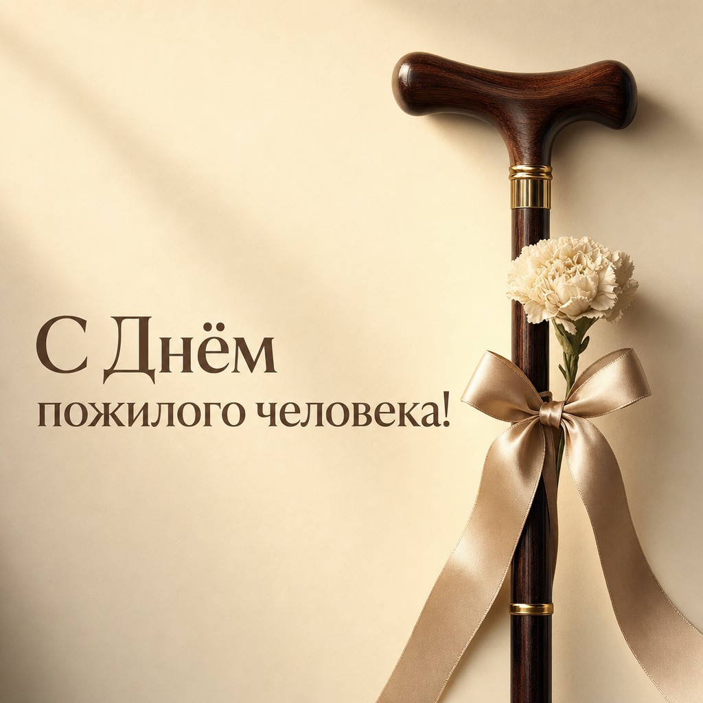 Стильная минималистичная открытка ко Дню пожилого человека с элегантной тростью и цветком.