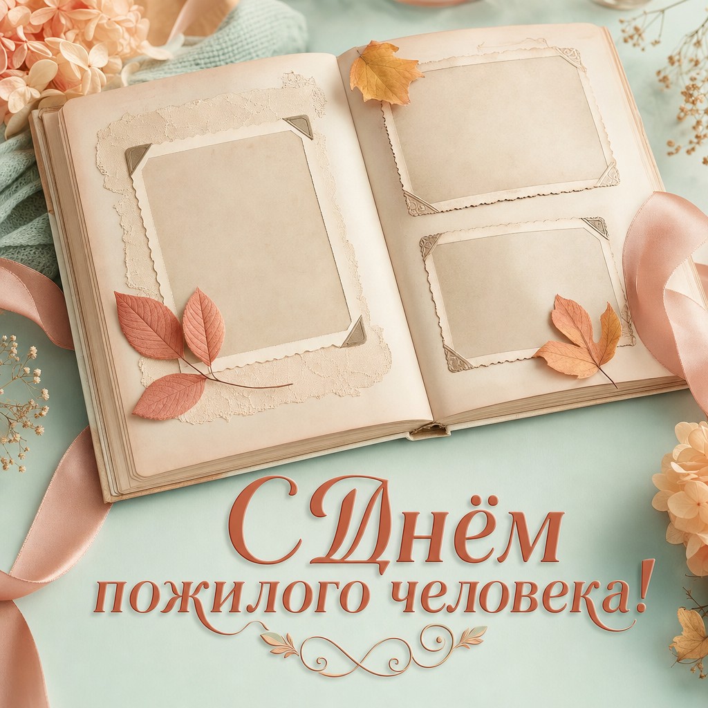Нежная открытка ко Дню пожилого человека с семейным фотоальбомом и осенними листьями.