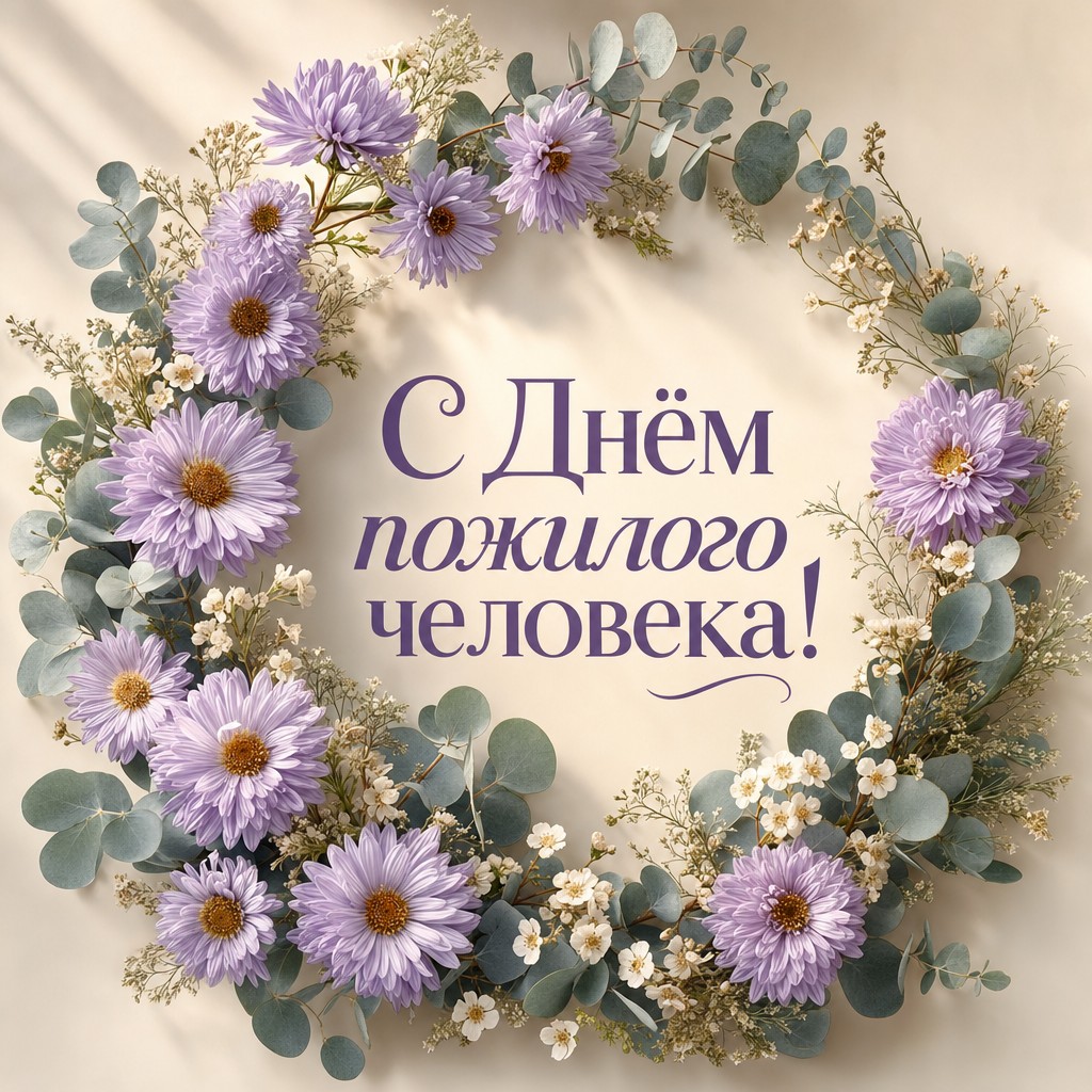 Элегантная открытка ко Дню пожилого человека с венком из астр, эвкалипта и кремовых цветов.