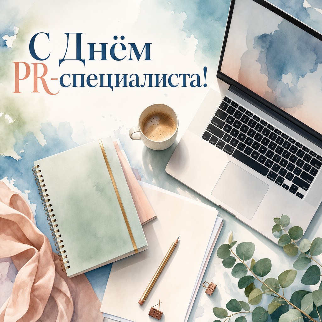 Нежная акварельная открытка ко Дню PR-специалиста с рабочим столом, ноутбуком, кофе и офисными деталями.
