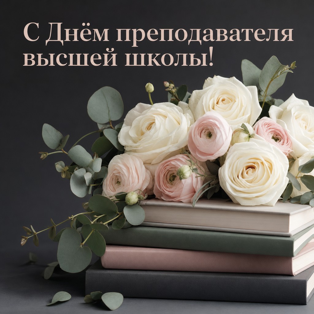 Нежная открытка ко Дню преподавателя высшей школы с реалистичным букетом цветов на университетских книгах.