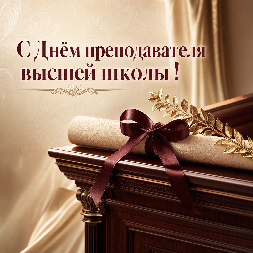 Роскошная открытка ко Дню преподавателя высшей школы с кафедрой, дипломом и золотой лавровой ветвью.