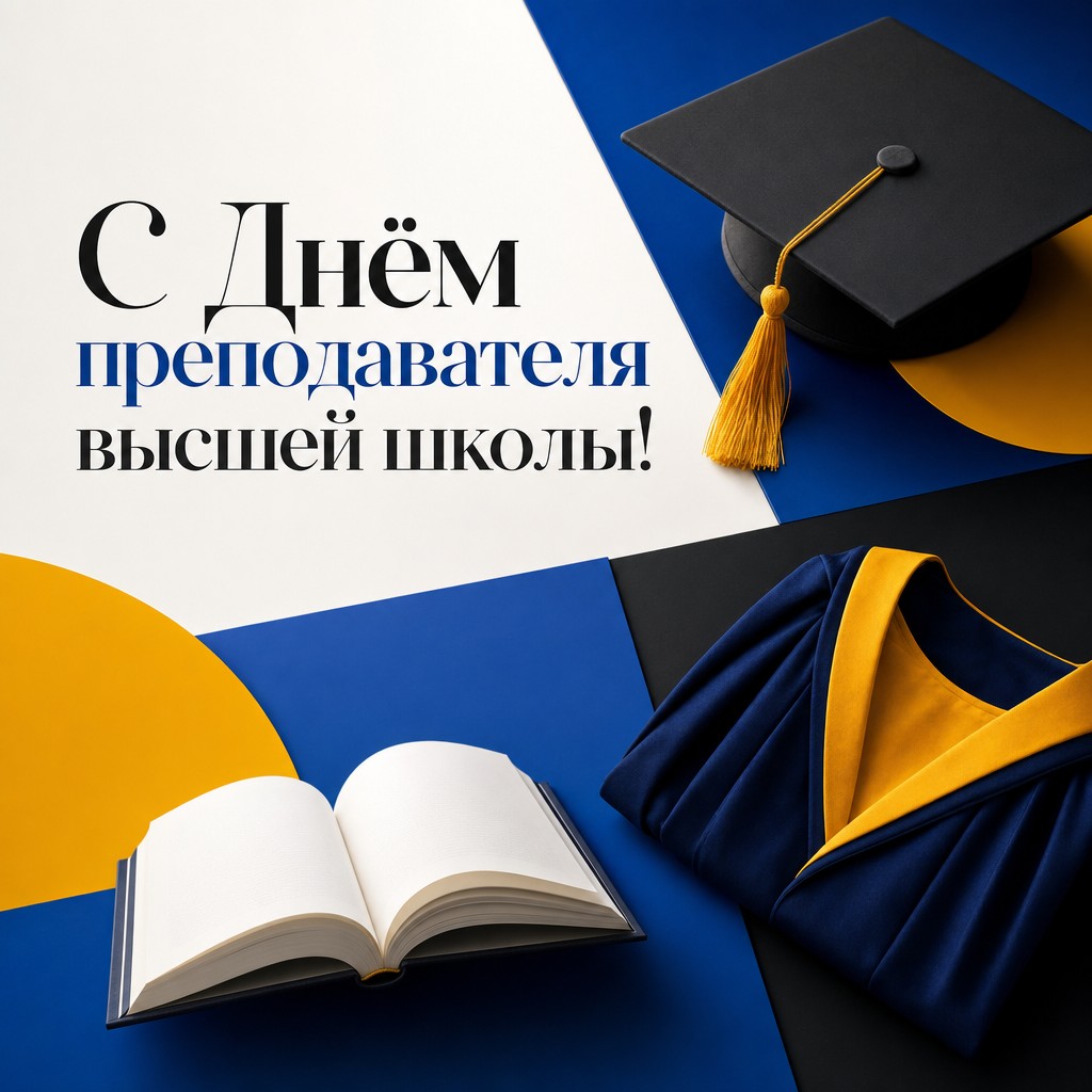 Современная открытка ко Дню преподавателя высшей школы с графичными формами, книгой и академической шапочкой.