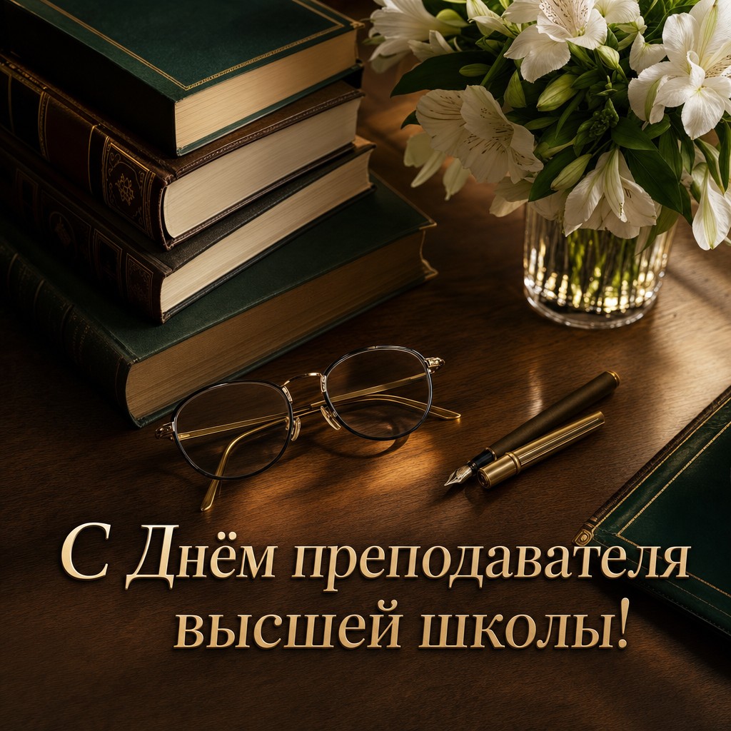 Премиальная открытка ко Дню преподавателя высшей школы с книгами, очками и перьевой ручкой на профессорском столе.