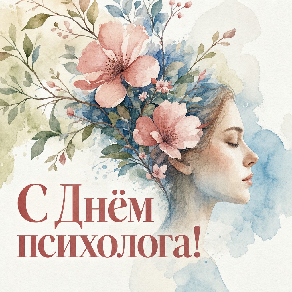 Акварельная открытка на День психолога с человеческим профилем, цветущими ветвями и мягким настроением.