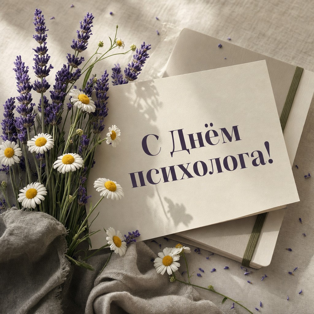 Нежная открытка на День психолога с лавандовым букетом, ромашками и блокнотом в спокойной кремовой палитре.
