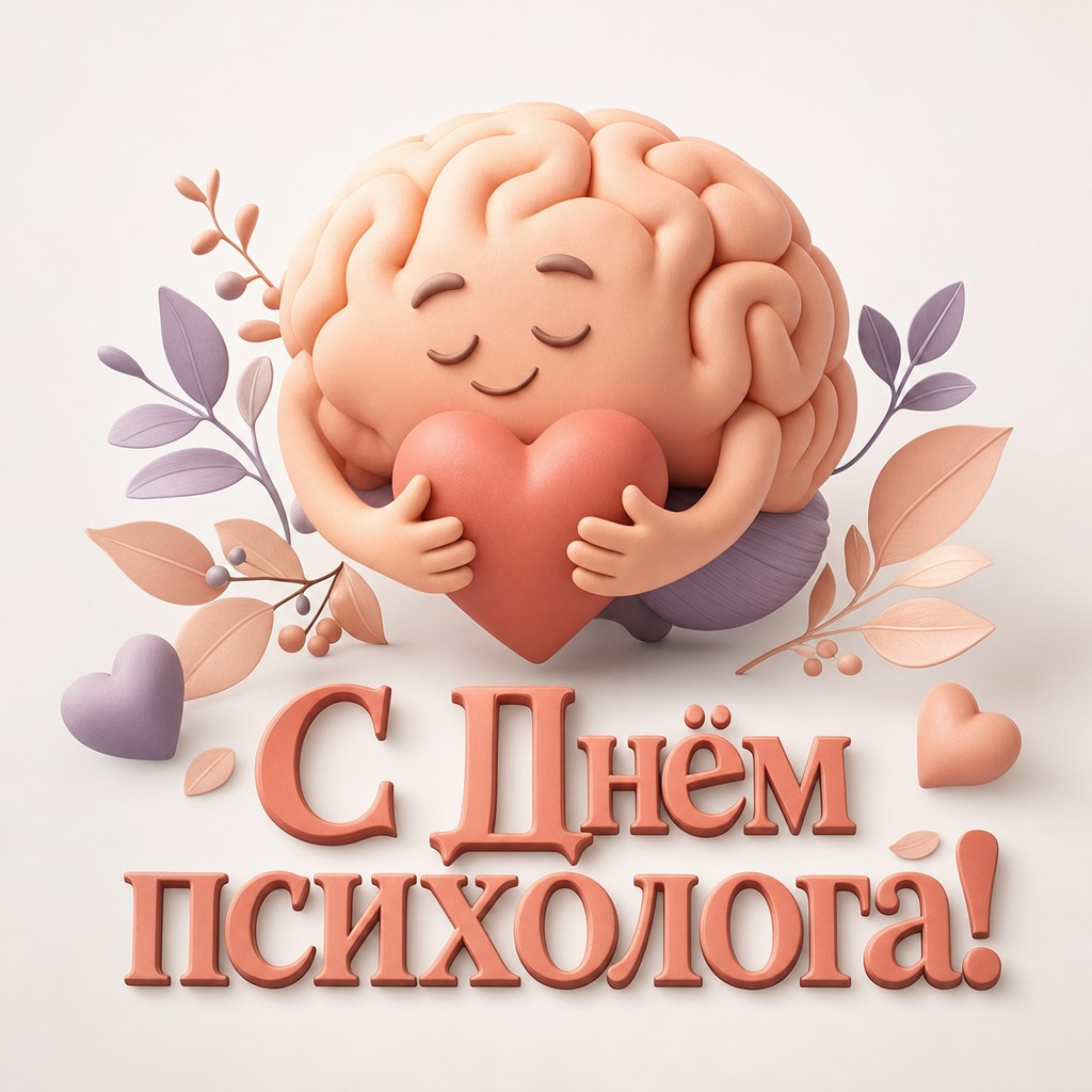 Добрая 3D-открытка на День психолога с мозгом и сердцем, мягкими формами и тёплыми оттенками.