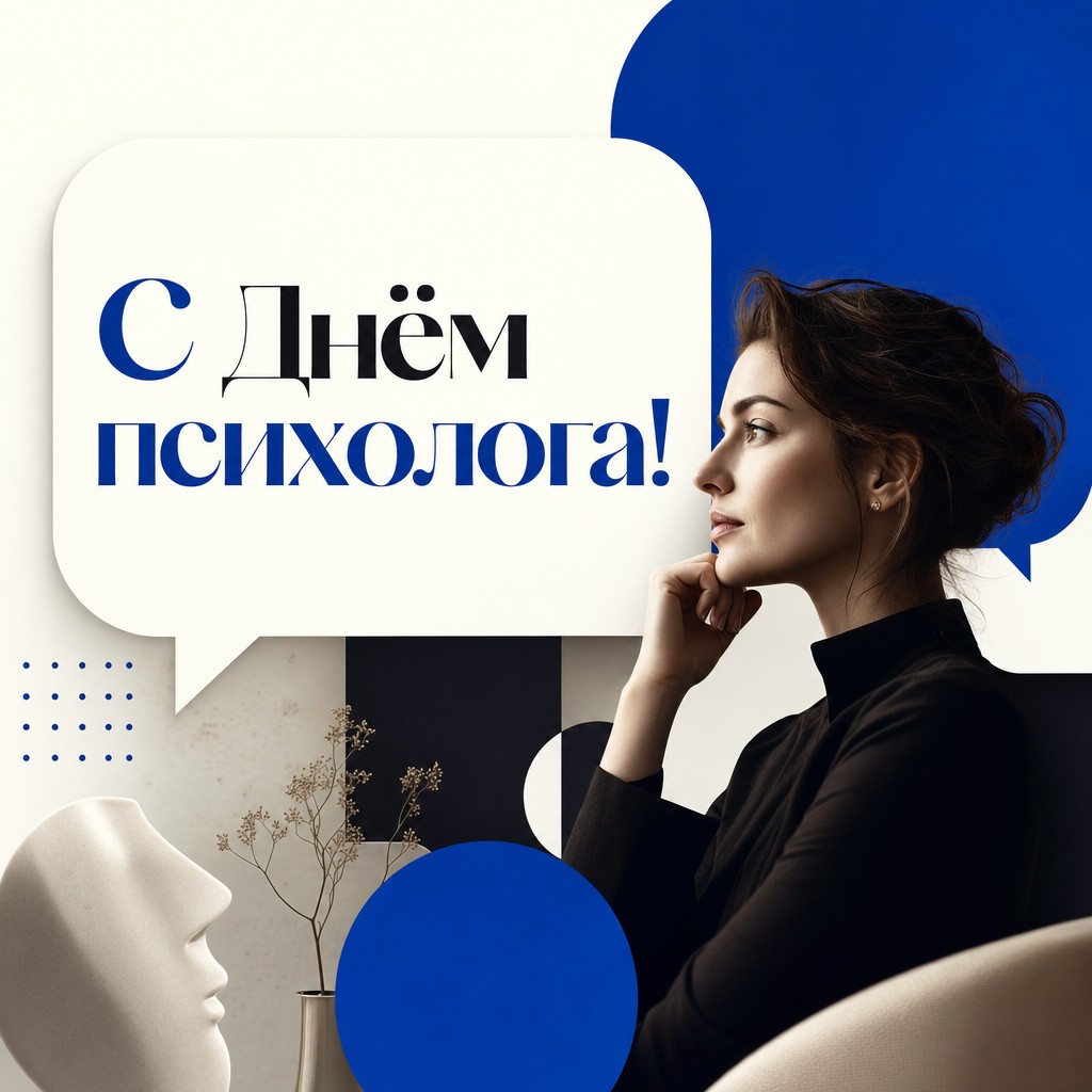 Современная открытка на День психолога с графичными речевыми облаками, чистой композицией и кобальтовыми акцентами.
