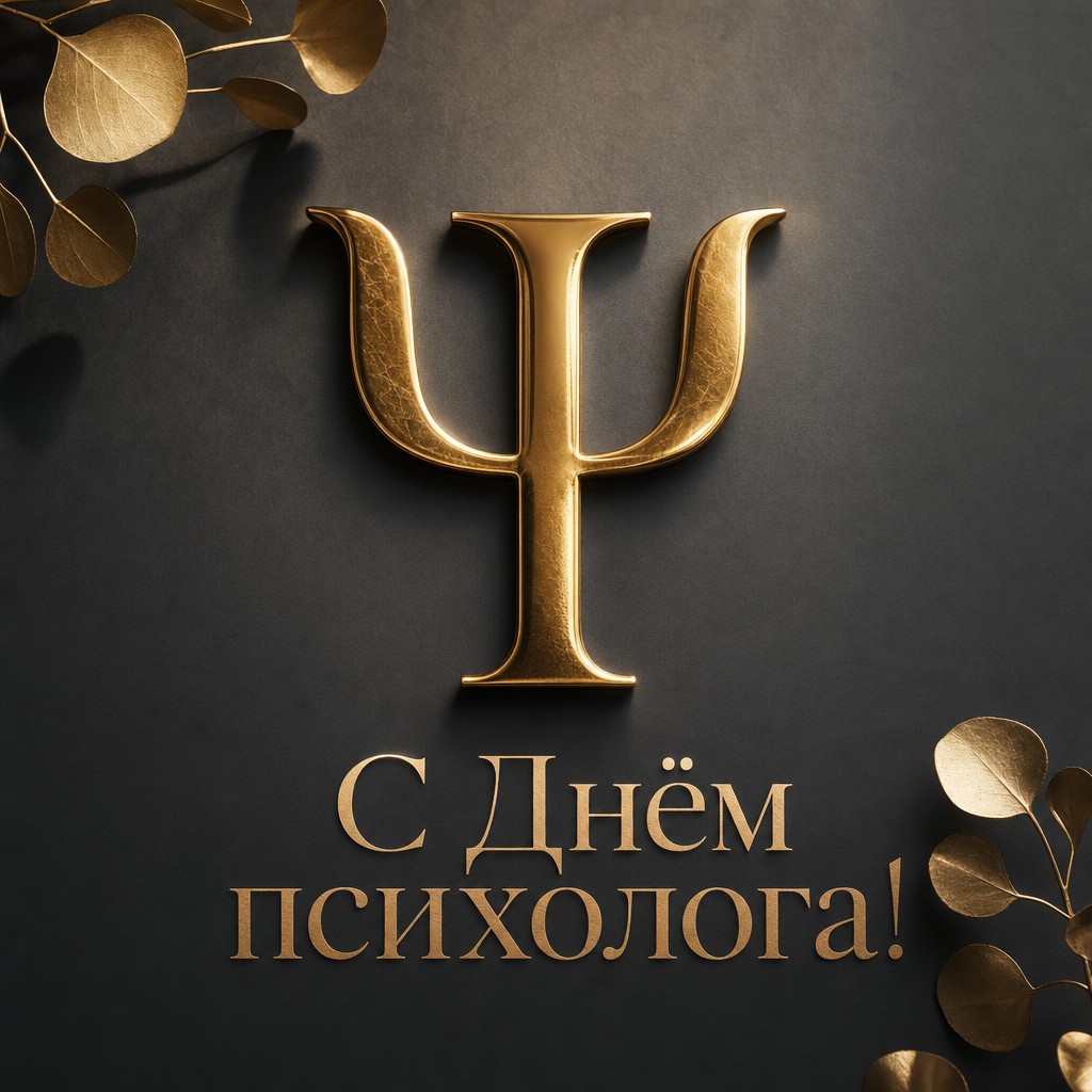 Стильная открытка на День психолога с золотым символом пси на графитовом фоне в роскошной эстетике.