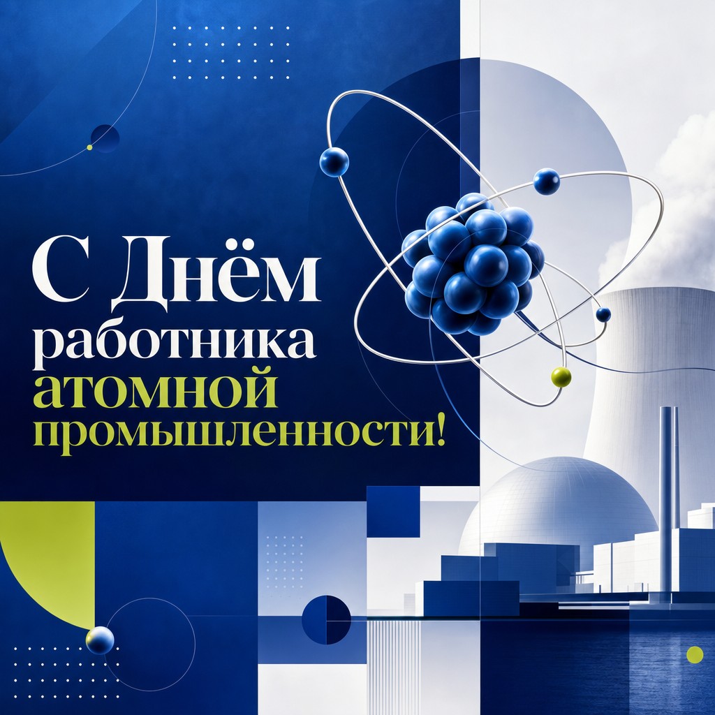 Современная открытка ко Дню работника атомной промышленности с геометрией атомных орбит и технологичной палитрой.