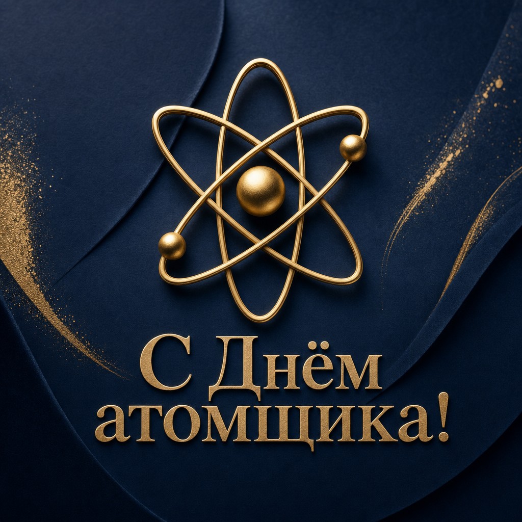 Стильная люксовая открытка ко Дню работника атомной промышленности с золотой атомной эмблемой на синем фоне.