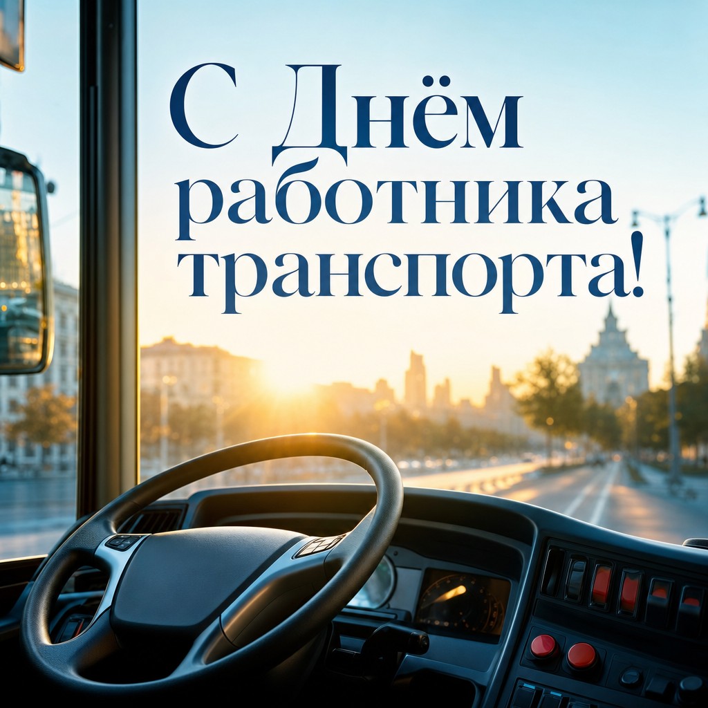 Стильная открытка на День работника автомобильного и городского пассажирского транспорта с рулём автобуса и рассветом.