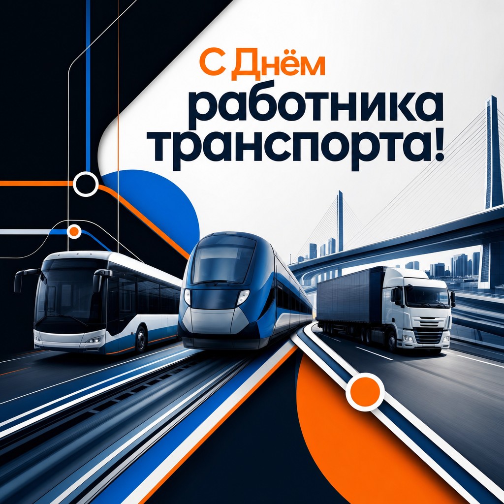 Графичная открытка на День работника автомобильного и городского пассажирского транспорта со схемой маршрутов.