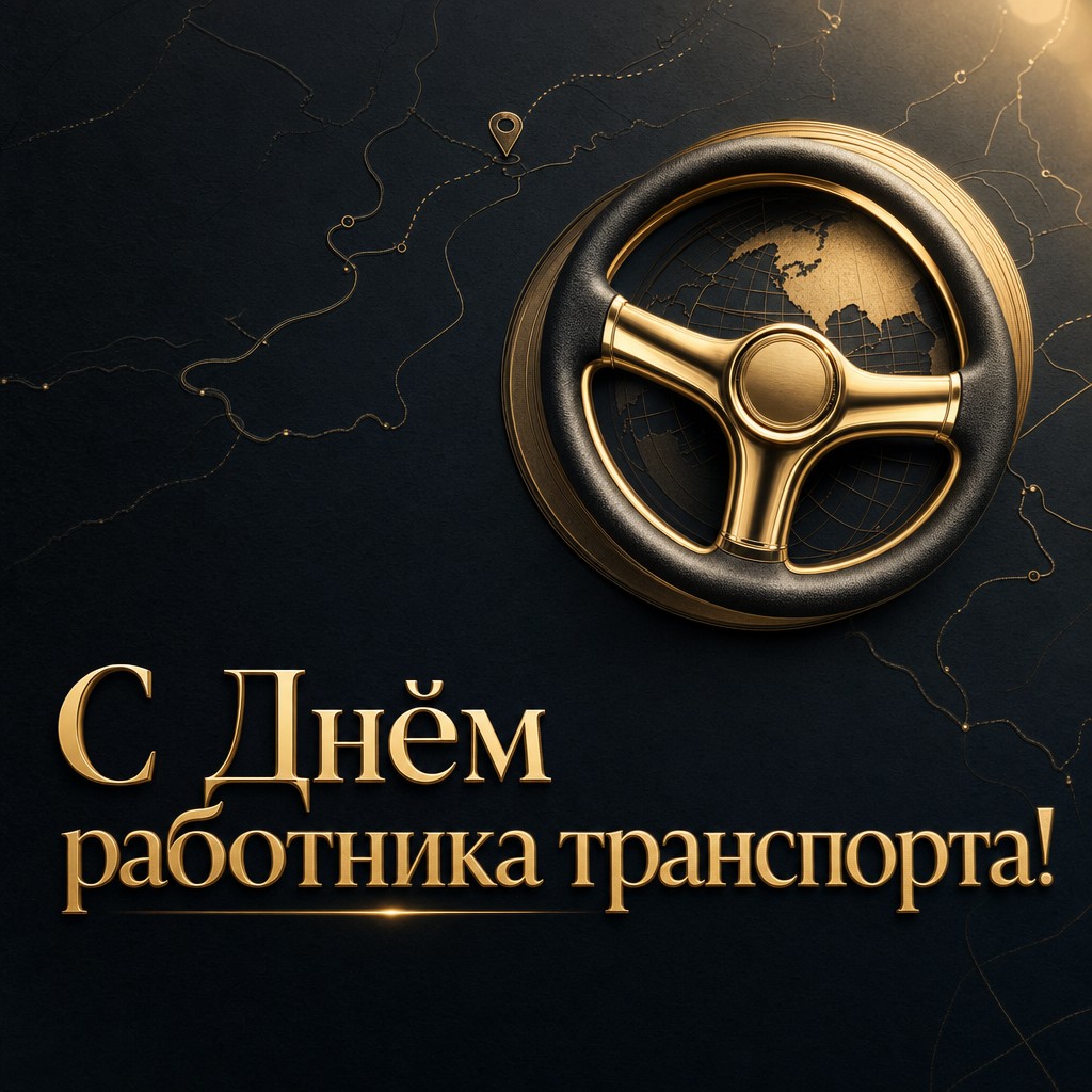 Премиальная открытка на День работника автомобильного и городского пассажирского транспорта с золотой эмблемой руля.