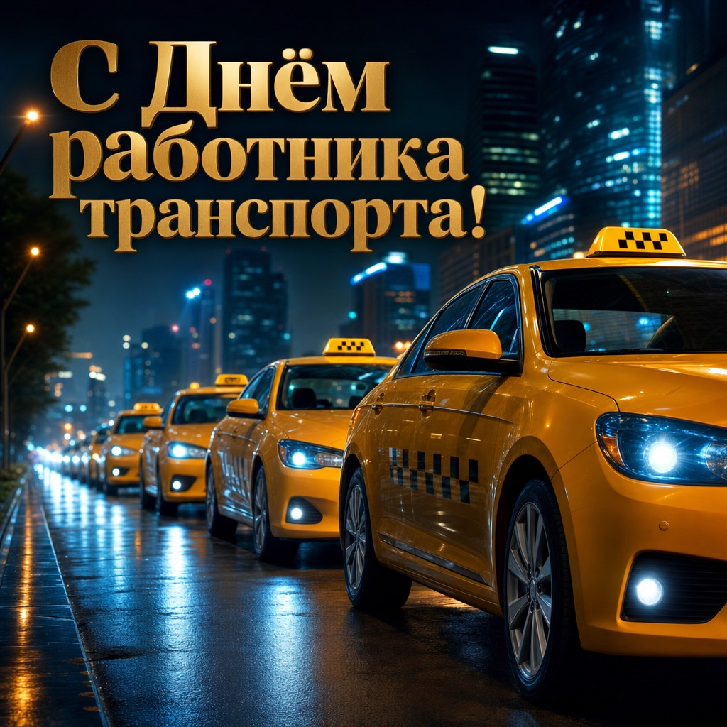 Кинематографичная открытка на День работника автомобильного и городского пассажирского транспорта с такси ночью.