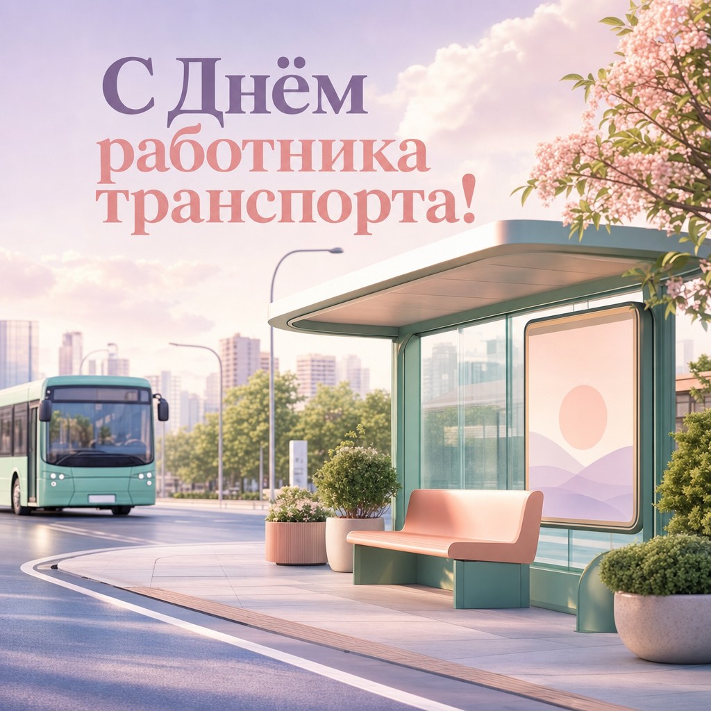 Светлая открытка на День работника автомобильного и городского пассажирского транспорта с пастельной остановкой.