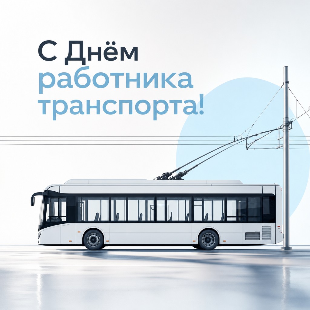 Минималистичная открытка на День работника автомобильного и городского пассажирского транспорта с белым троллейбусом.