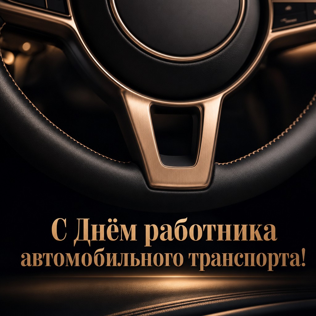 Элегантная открытка с автомобильным рулём для поздравления с Днём работника автотранспорта.