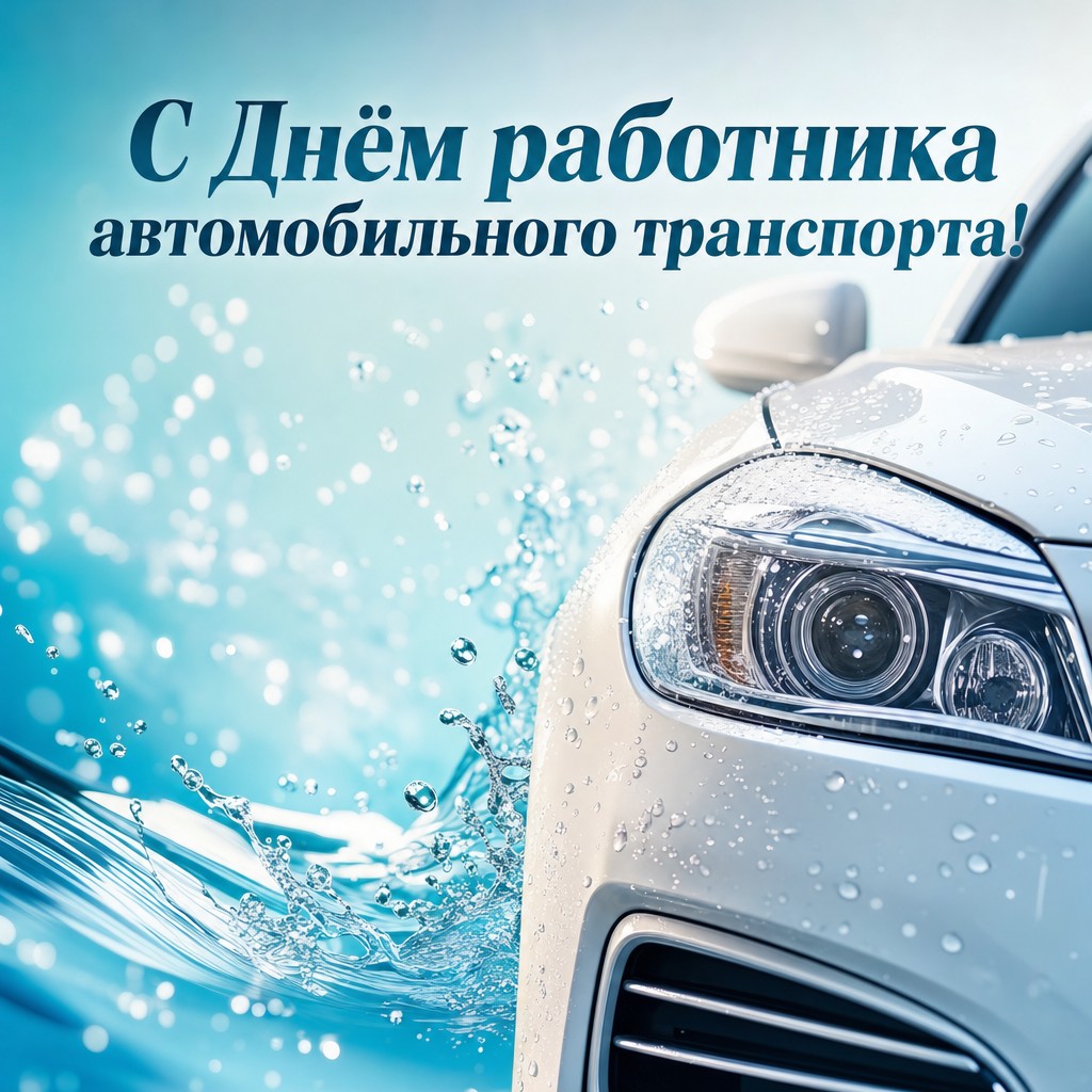 Яркая открытка с чистым автомобилем и свежими акцентами ко Дню работника автотранспорта.