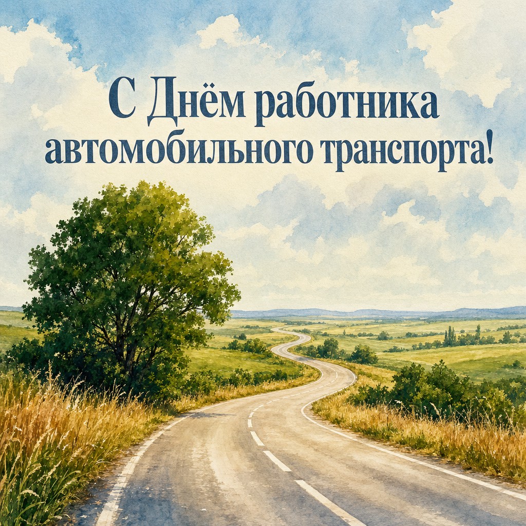 Лёгкая акварельная открытка с дорогой в полях для поздравления работников автомобильного транспорта.