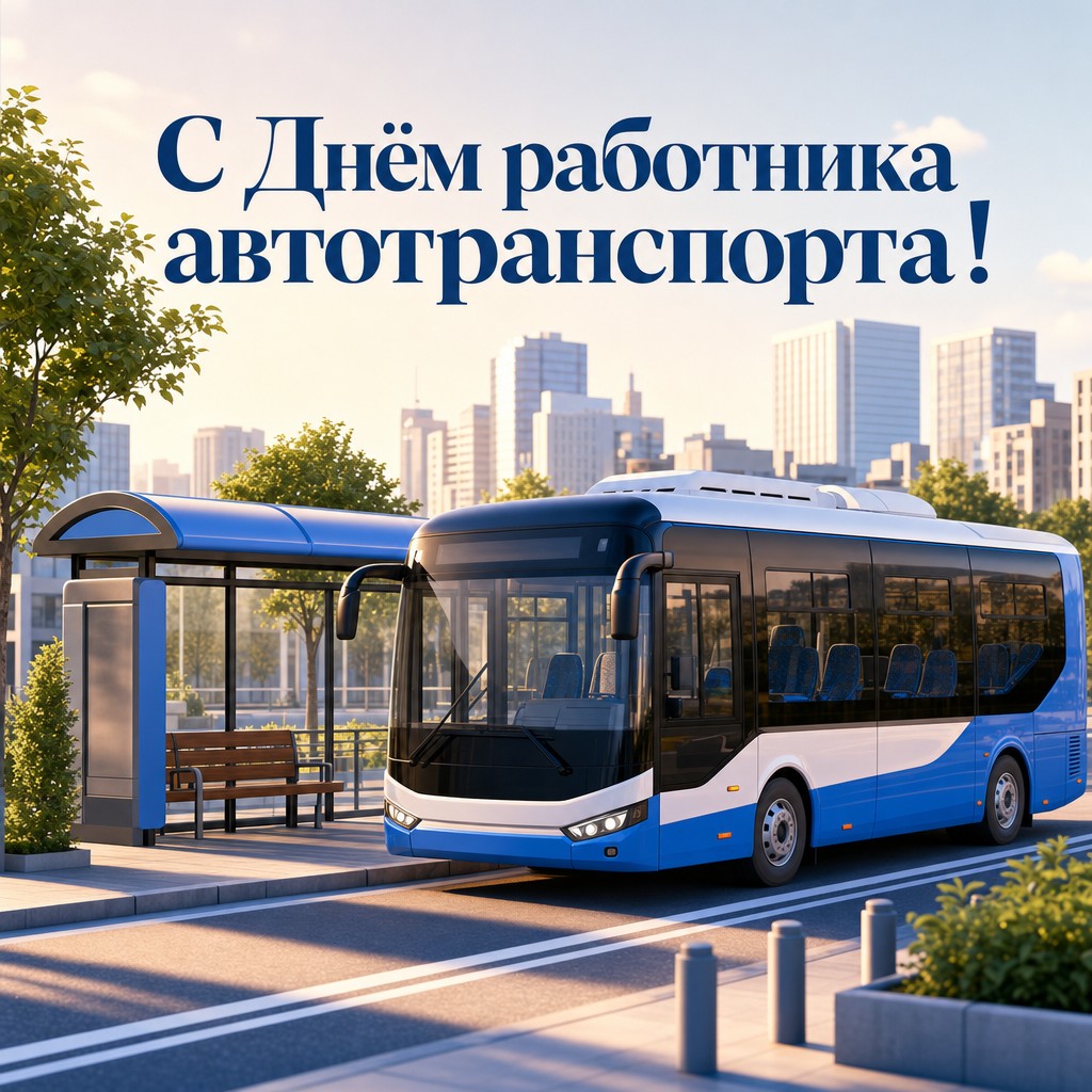 Современная 3D-открытка с городским автобусом ко Дню работника автомобильного транспорта.