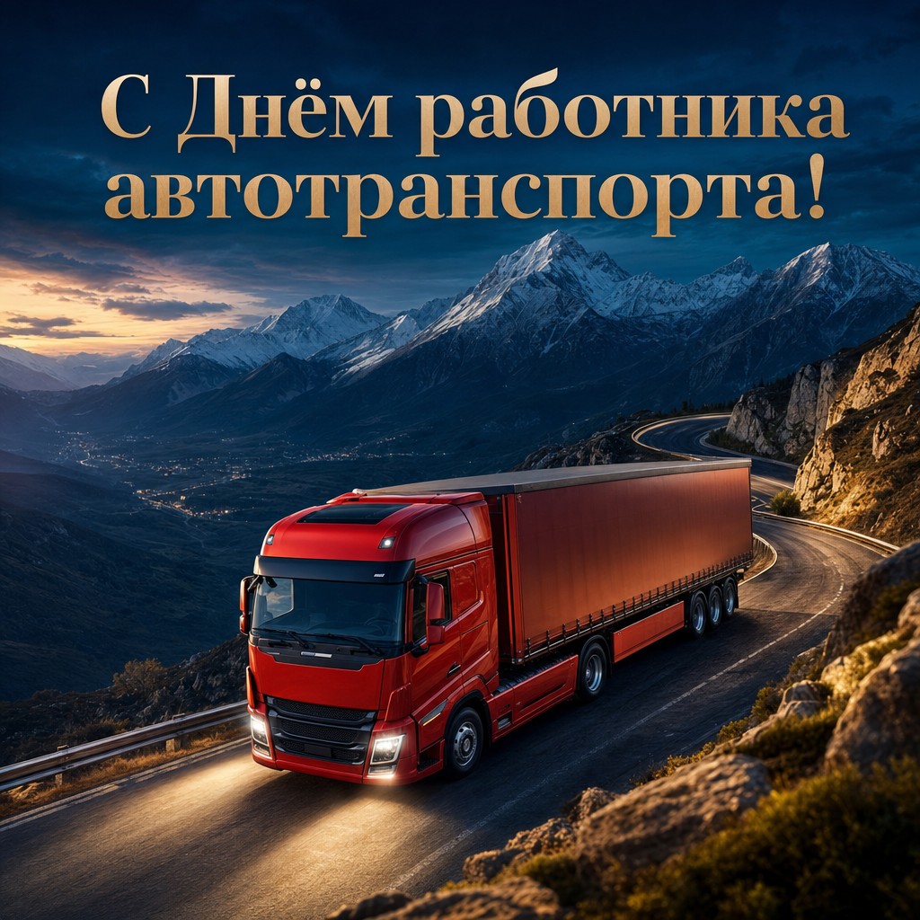 Поздравительная открытка с красным грузовиком на горной трассе ко Дню работника автомобильного транспорта.
