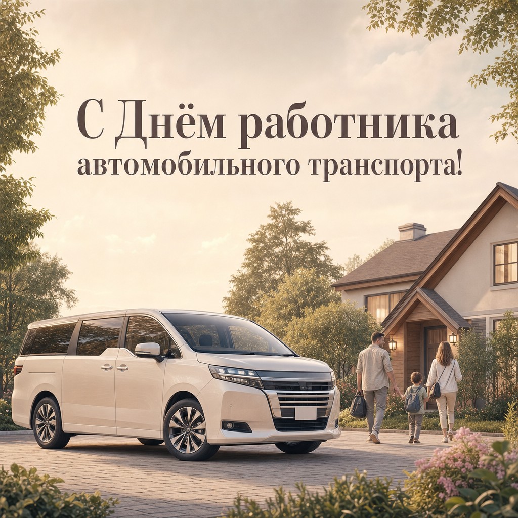Мягкая пастельная открытка с минивэном у дома для поздравления с Днём работника автотранспорта.