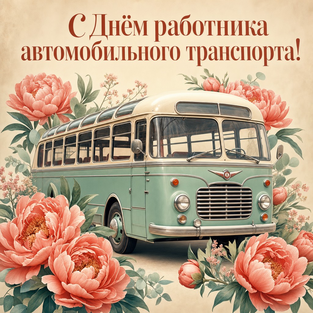 Элегантная цветочная открытка с ретро-автобусом ко Дню работника автомобильного транспорта.