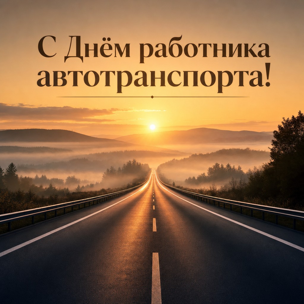 Стильная открытка ко Дню работника автомобильного транспорта с золотой дорогой на рассвете.
