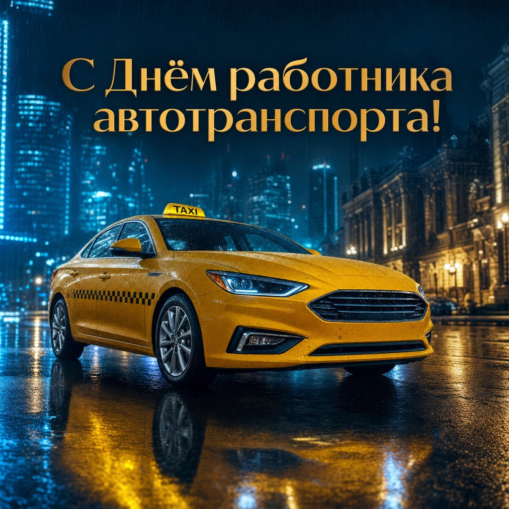 Яркая городская открытка с жёлтым такси ко Дню работника автомобильного транспорта.