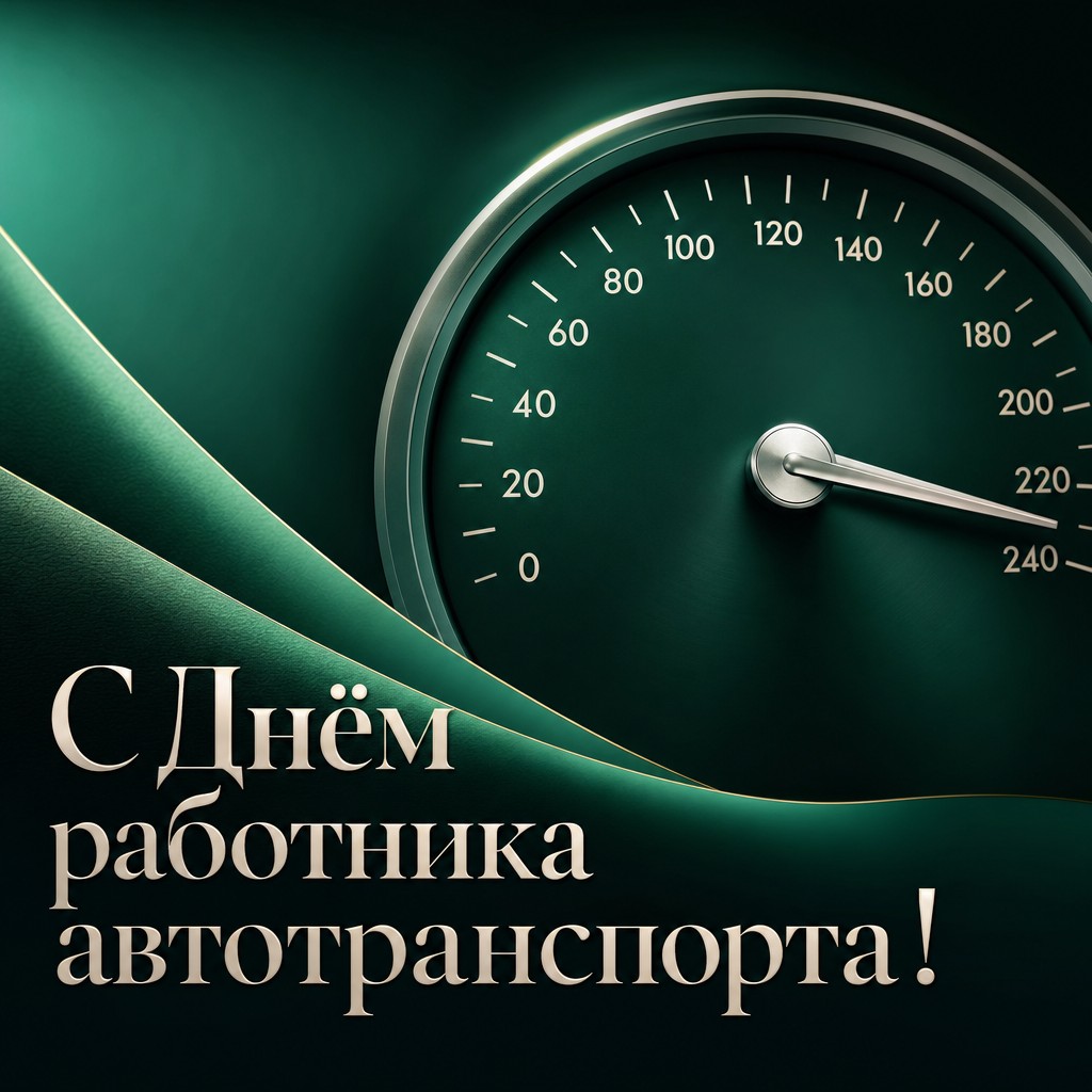 Современная открытка со спидометром для поздравления с Днём работника автомобильного транспорта.