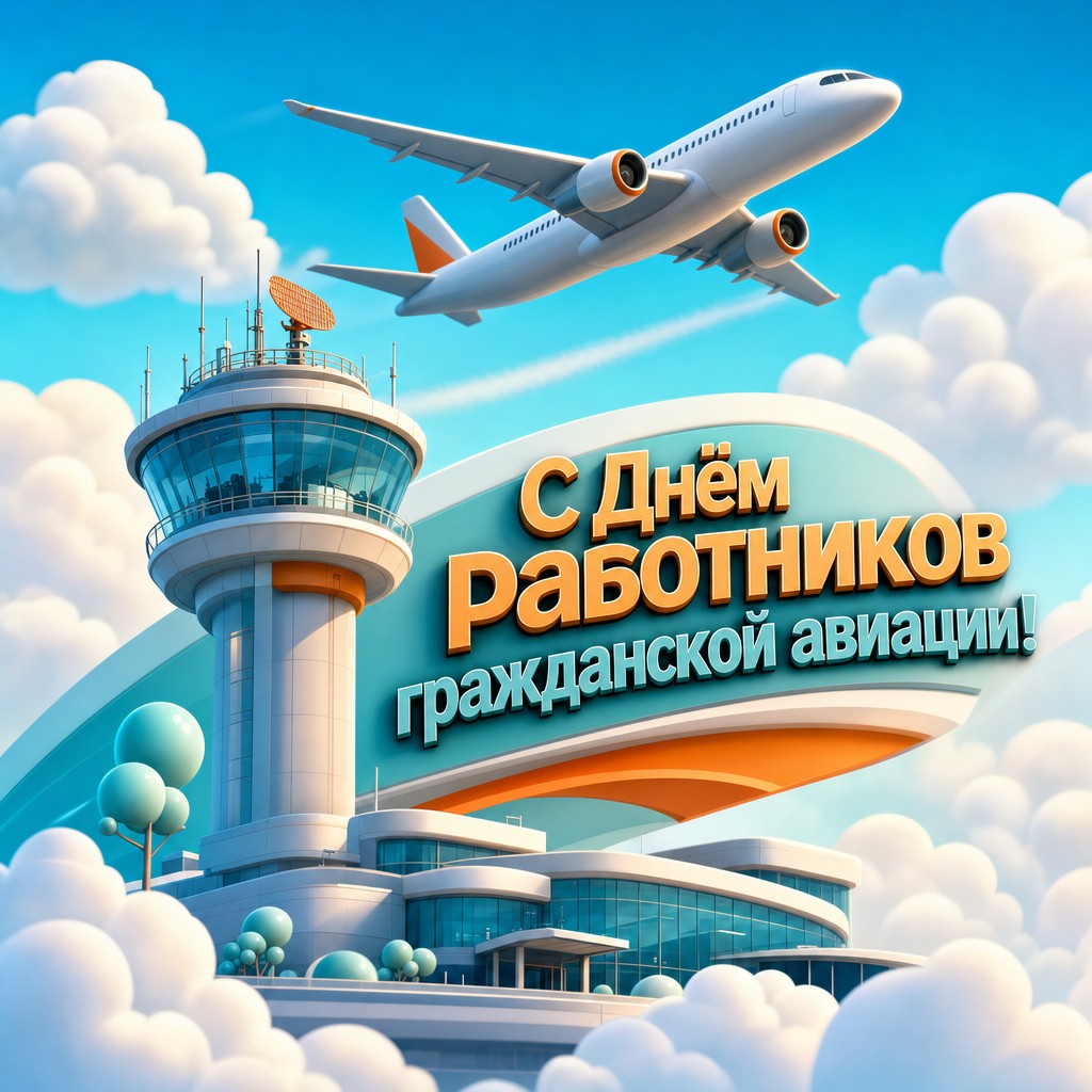 Яркая 3D-открытка ко Дню работника гражданской авиации с диспетчерской башней, облаками и самолётом.