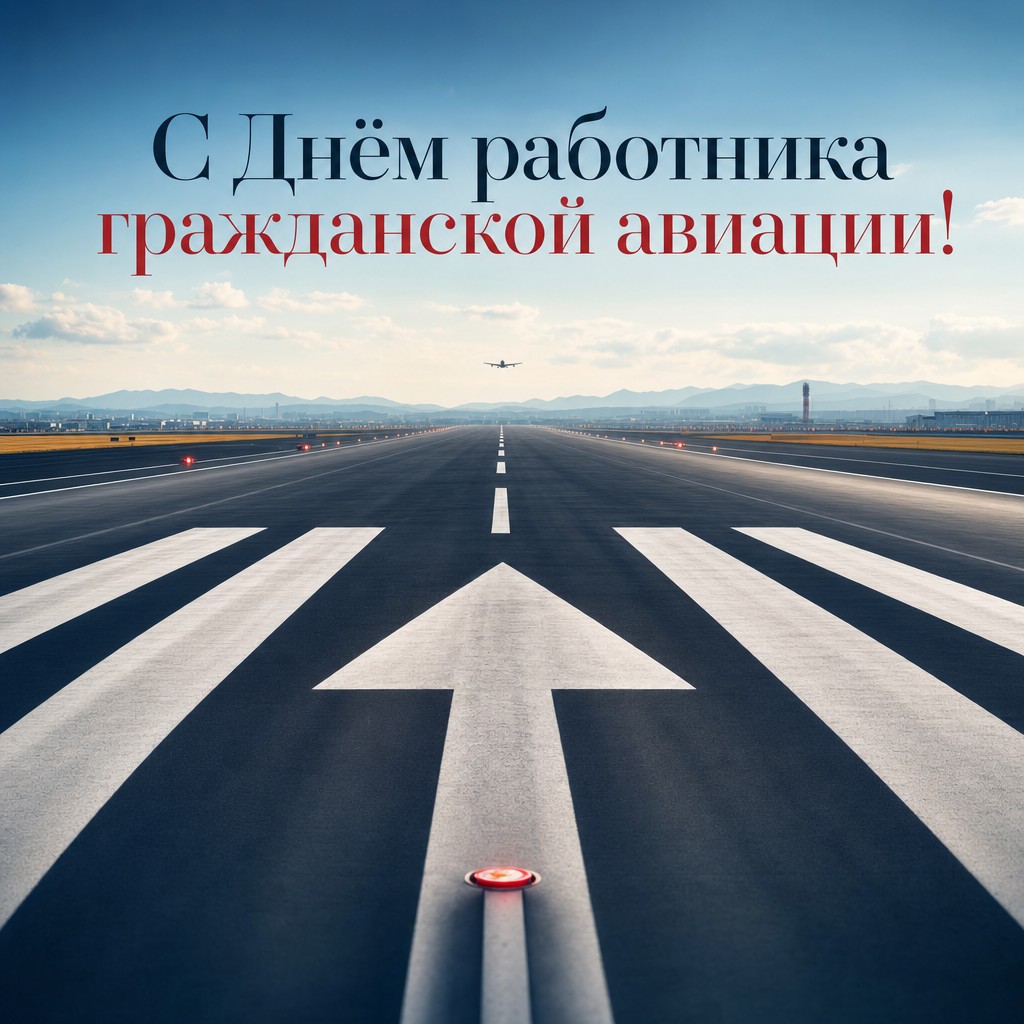 Современная открытка ко Дню работника гражданской авиации с графичной взлётной полосой и небом.
