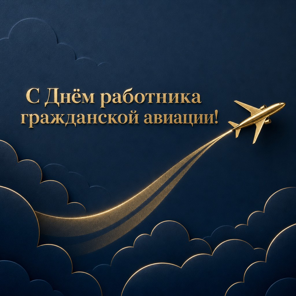 Стильная открытка ко Дню работника гражданской авиации с золотым самолётом, маршрутом и тёмно-синим фоном.