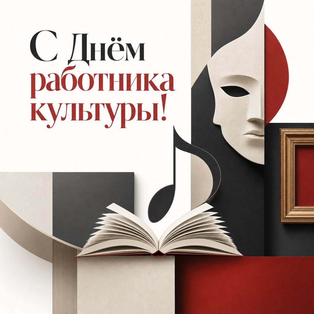 Современная открытка ко Дню работника культуры с графичными символами искусства, книги, музыки и театра.
