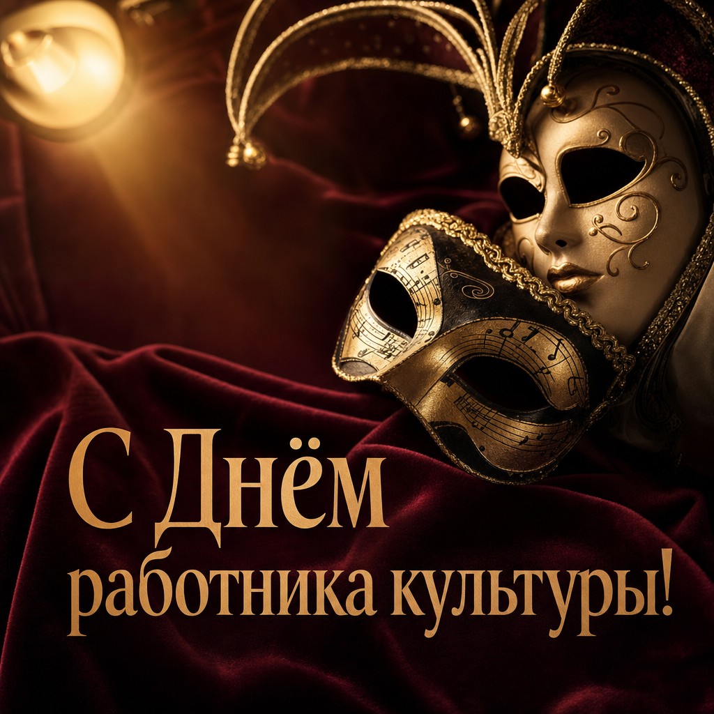 Премиальная открытка ко Дню работника культуры с театральными масками, бархатным занавесом и тёплым золотым светом.