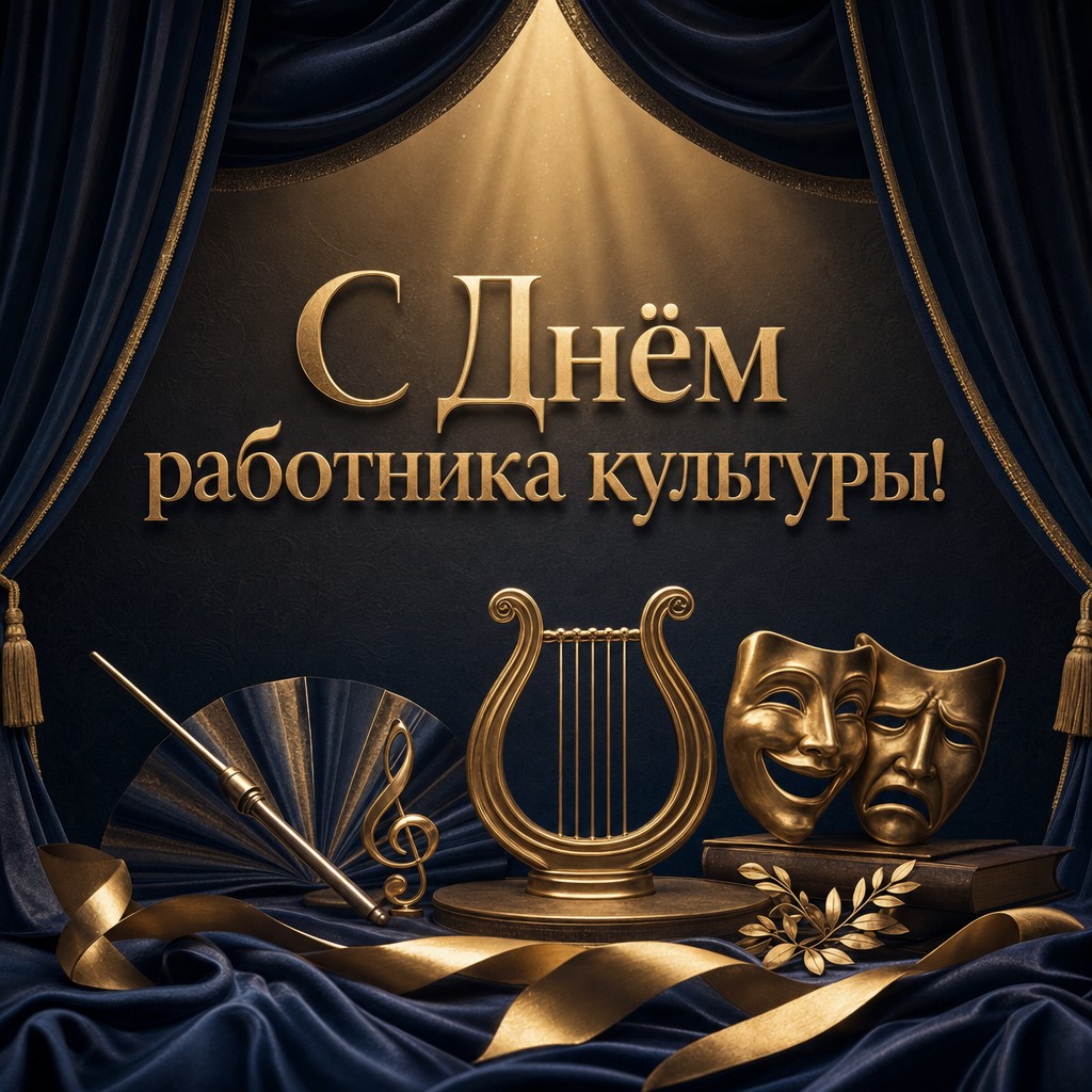 Стильная открытка ко Дню работника культуры с театральной сценой, кулисами и золотым светом прожектора.
