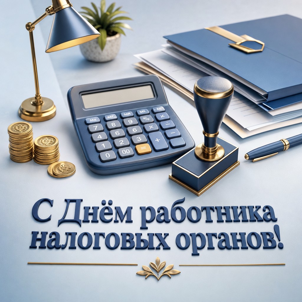 Добрая 3D-открытка ко Дню работника налоговых органов РФ с калькулятором, печатью, папками и монетами.
