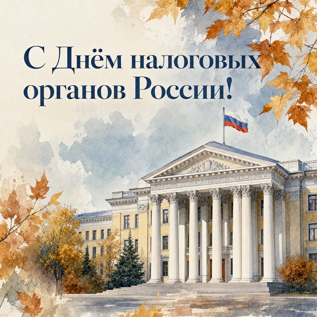 Нежная акварельная открытка ко Дню работника налоговых органов РФ со зданием инспекции и осенними листьями.