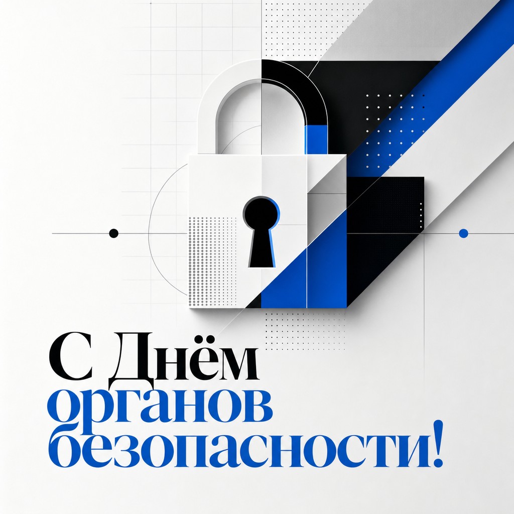 Современная открытка ко Дню работника органов безопасности с геометрическим замком и чистой композицией.