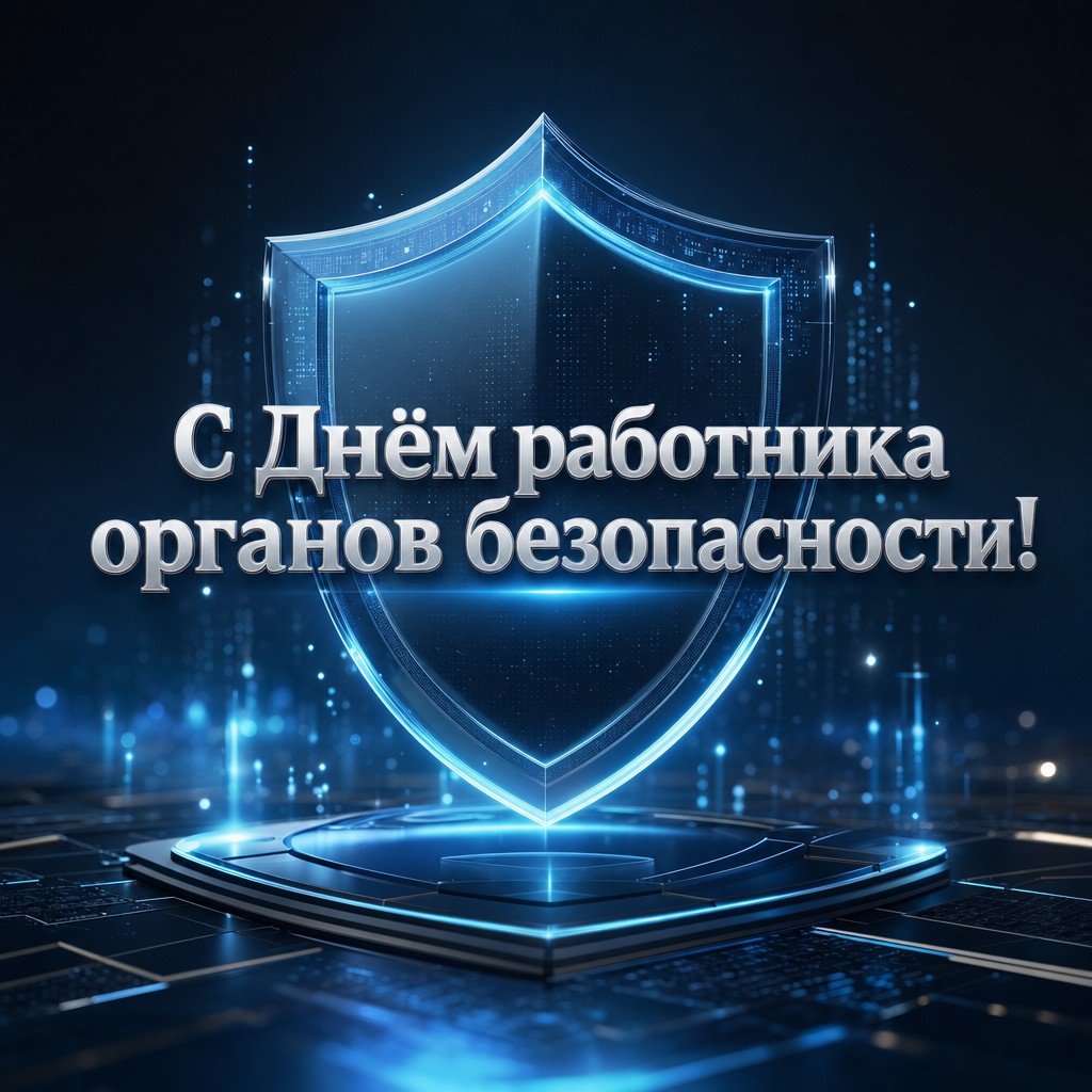 Футуристичная открытка ко Дню работника органов безопасности с объёмным голографическим щитом.