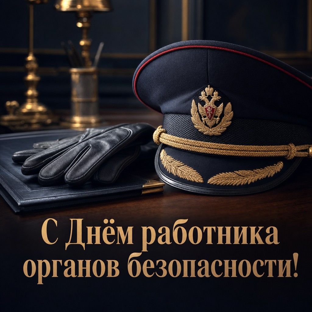 Стильная открытка ко Дню работника органов безопасности с парадной фуражкой и благородным тёмным фоном.