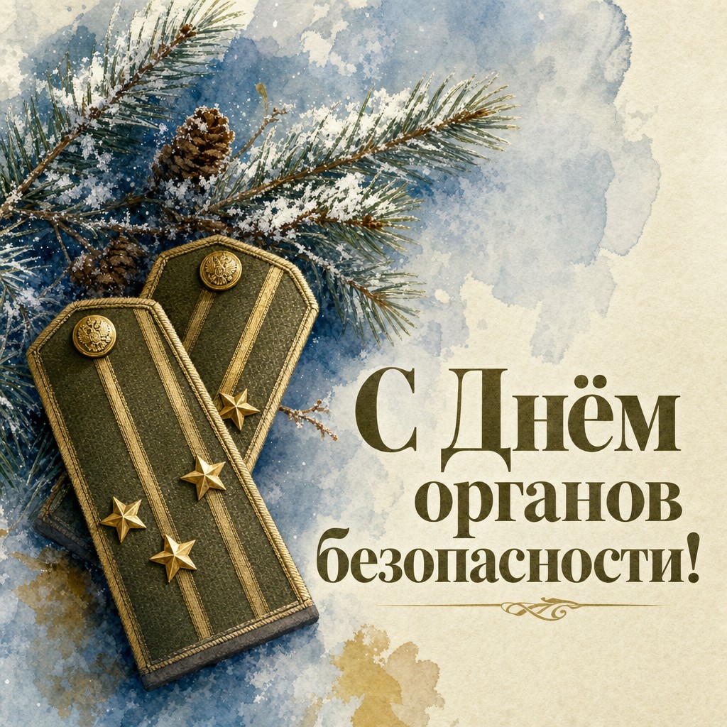 Нежная акварельная открытка ко Дню работника органов безопасности с погонами и зимней еловой ветвью.