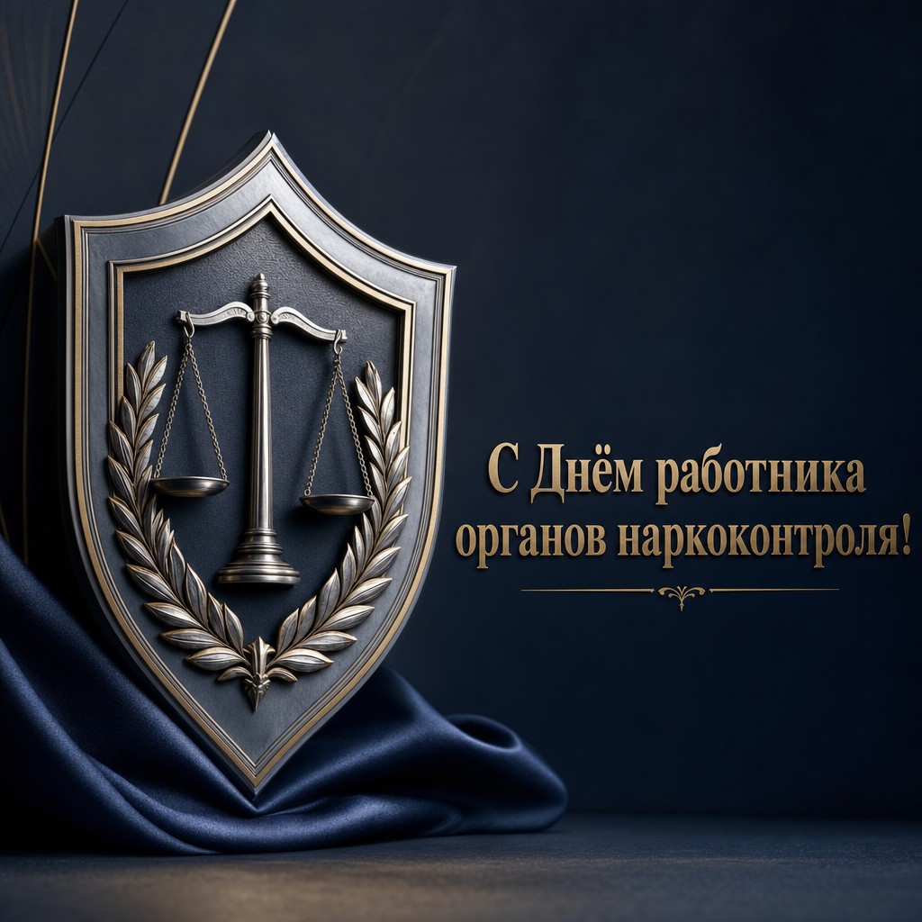 Строгая премиальная открытка ко Дню работника органов наркоконтроля с металлическим щитом, весами и золотыми акцентами.