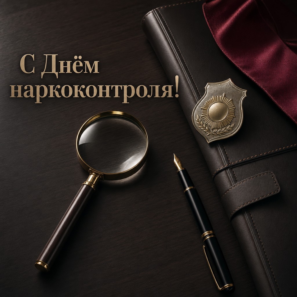 Премиальная фотооткрытка ко Дню работника органов наркоконтроля с папкой, лупой и строгой рабочей атмосферой.
