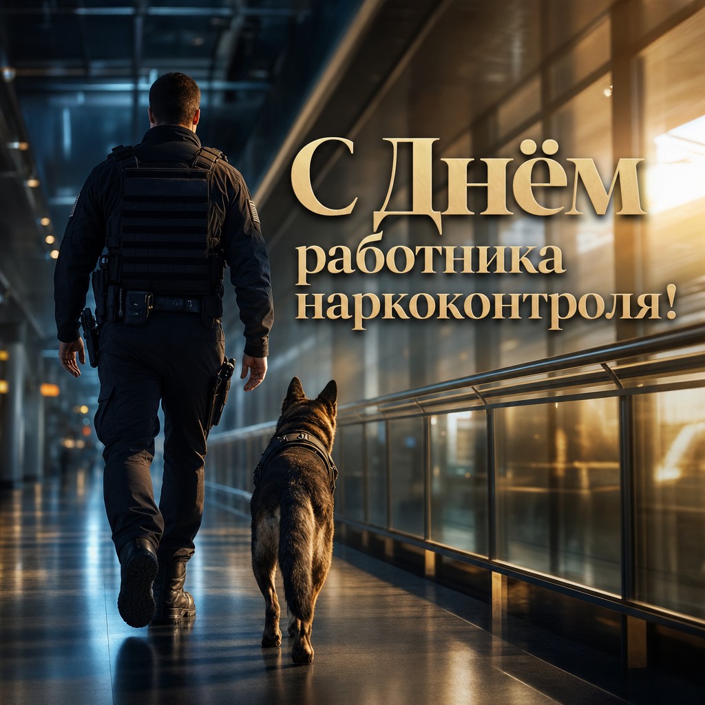 Стильная открытка ко Дню работника органов наркоконтроля со служебной собакой, кинологом и драматичным светом.