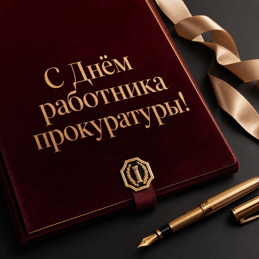 Премиальная поздравительная открытка ко Дню работника прокуратуры с бархатной папкой и золотым пером.